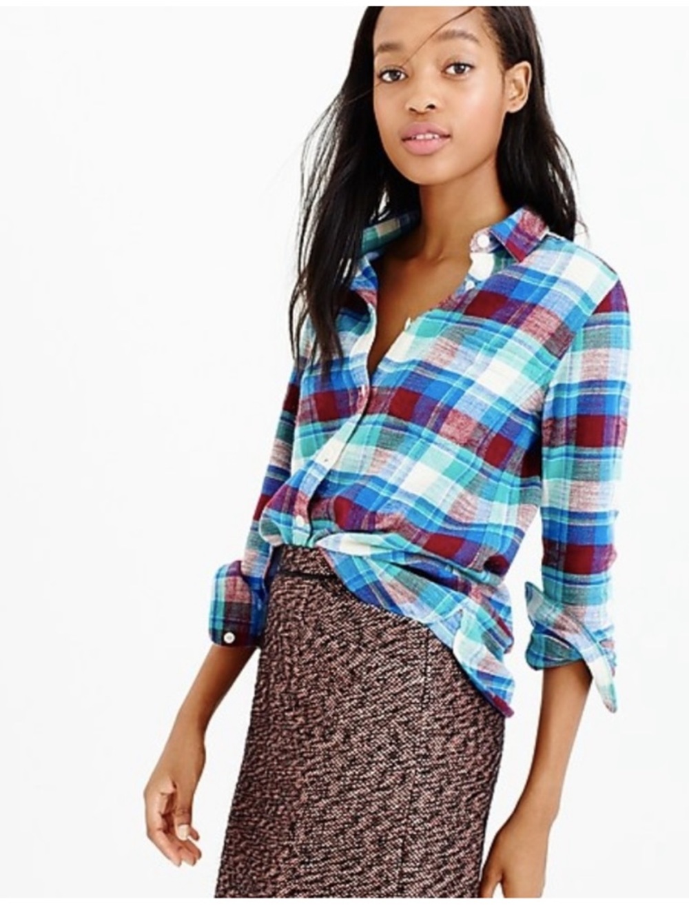 J.Crew Women’s Shrunken Boy Shirt in Gemstone Plaid Blue Cream Brown Size 6